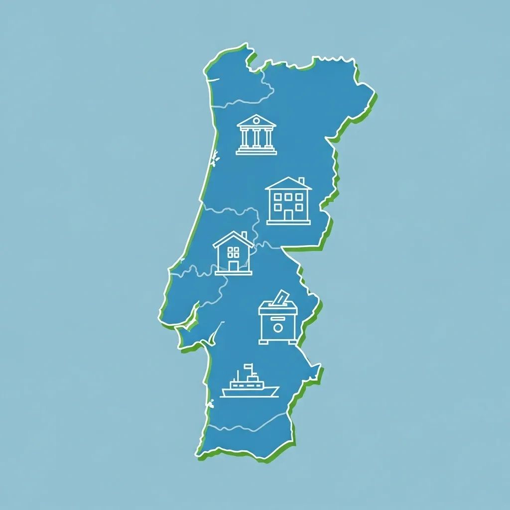 Infographic showing Portugal map with icons for courthouse, housing, naval ship silhouette and ballot box