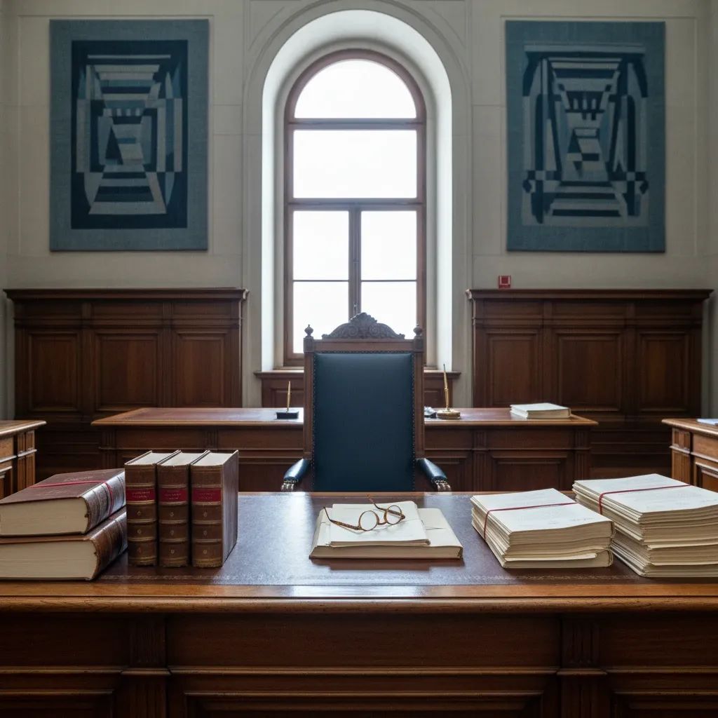 Portuguese courtroom with judicial documents and law books, representing legal protection measures