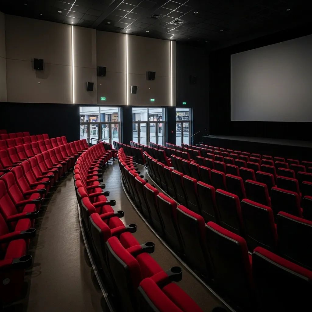 Empty multiplex cinema auditorium with rows of vacant seats and dark screen