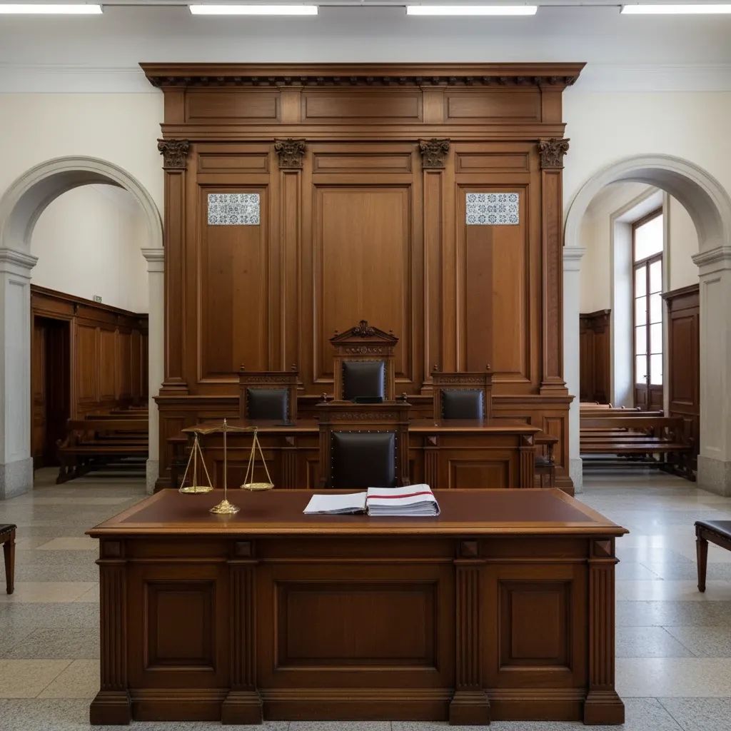 Empty Portuguese courtroom with judge's bench and legal documents, representing stalled corruption trial