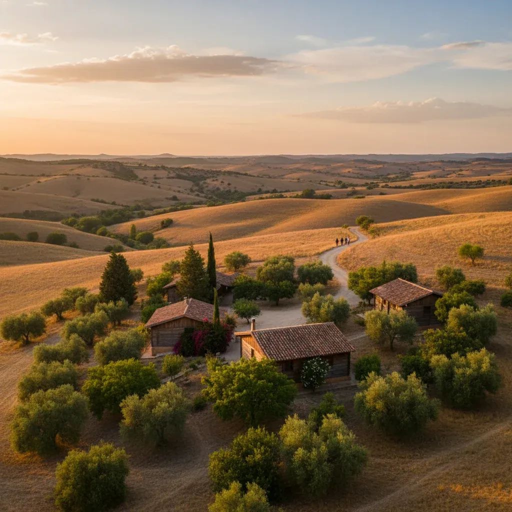 Rustic ayahuasca retreat center in Andalusian countryside with distant silhouettes