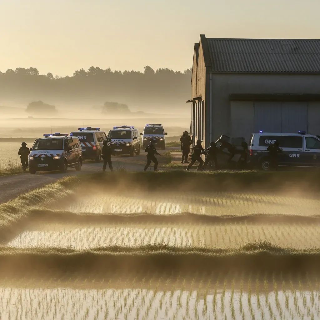 GNR officers raiding a rural warehouse at dawn with police vans and flashing lights
