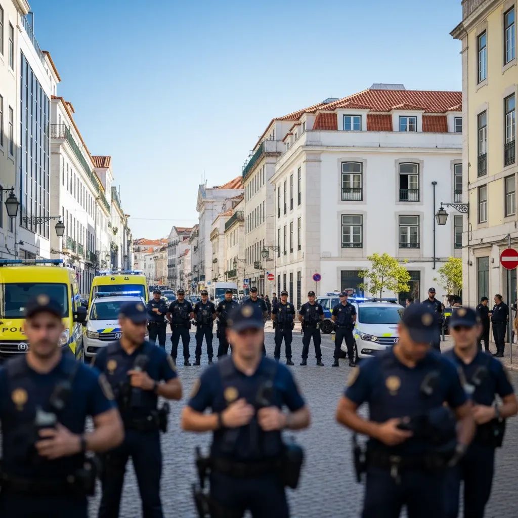 Emergency search operation in Lisbon with law enforcement coordinating missing person investigation