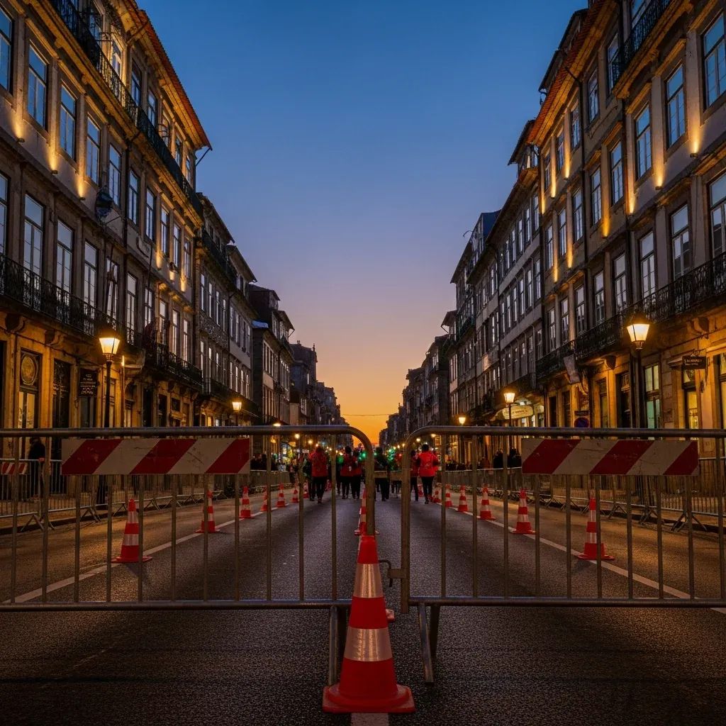 Street barricades closing Porto’s Baixa with runners in the distance under evening light