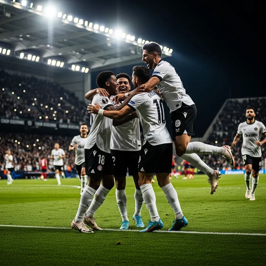 Vitória de Guimarães players celebrating a goal under floodlights with fans cheering