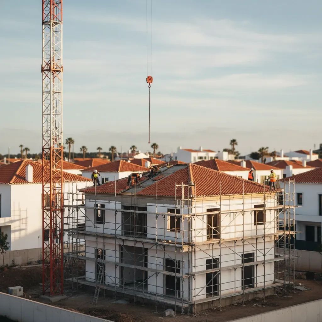 Partially built house at a Portuguese construction site with scaffolding and crane
