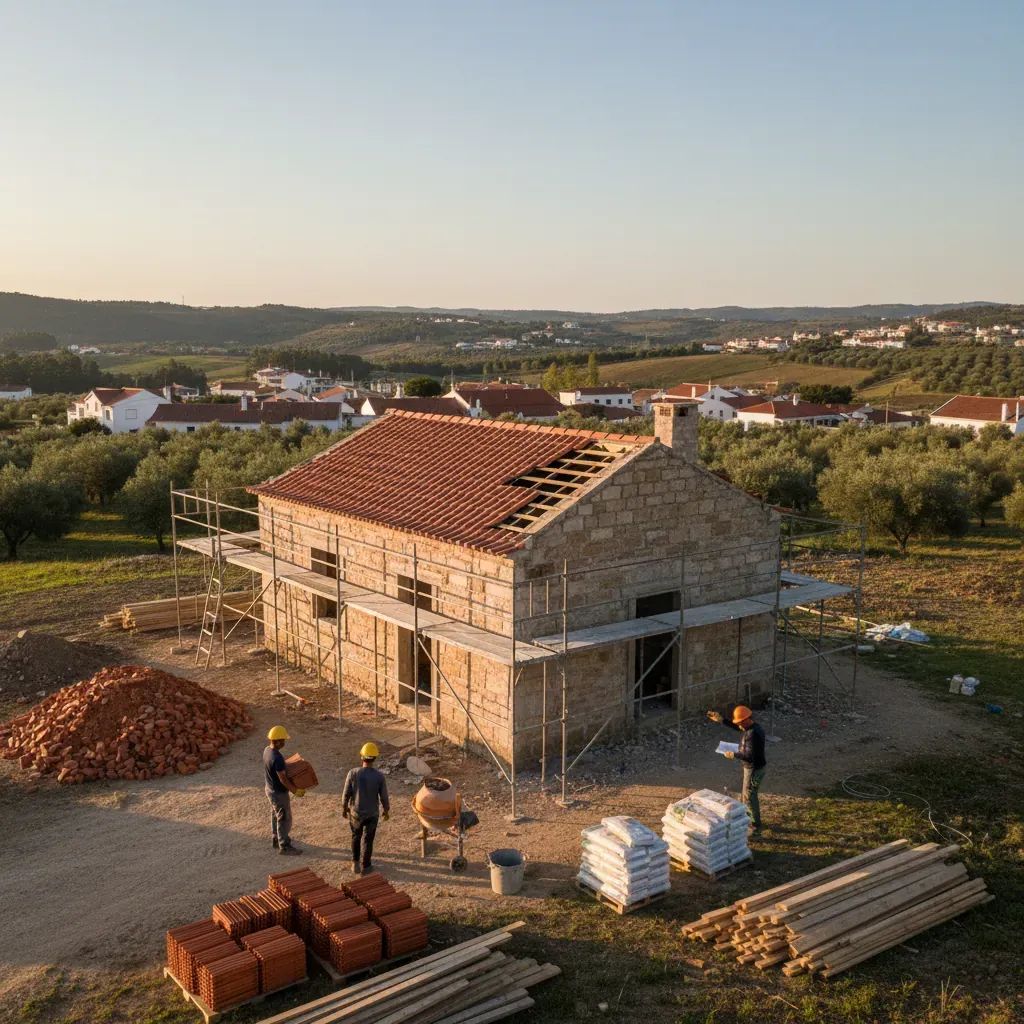 Construction workers rebuilding a storm-damaged home in rural Leiria, Portugal