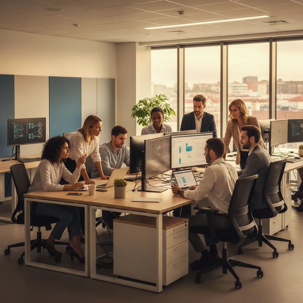 Diverse telecom workers collaborating in modern office environment representing labor agreement and wage negotiations