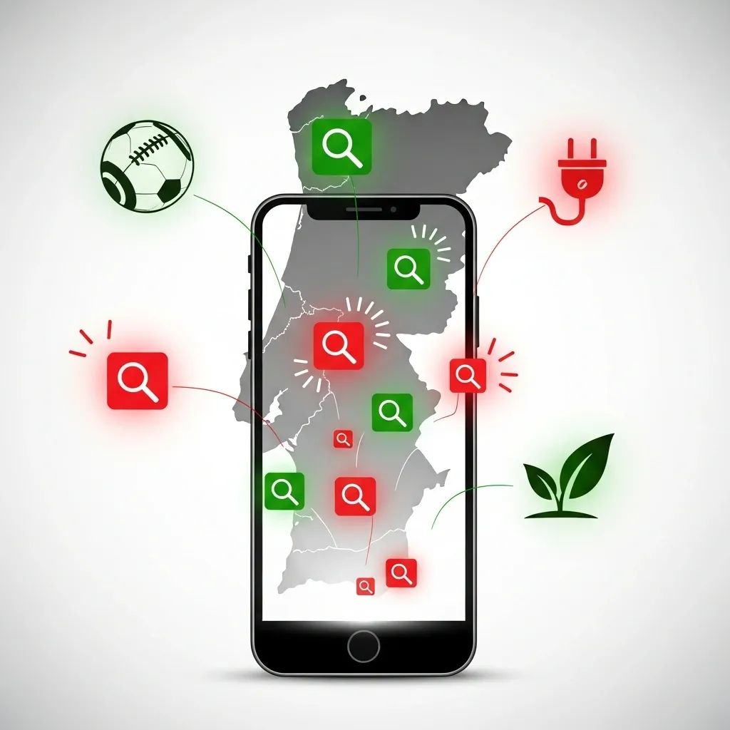 Illustration of smartphone and Portugal map with icons for football, blackout and plant care trends