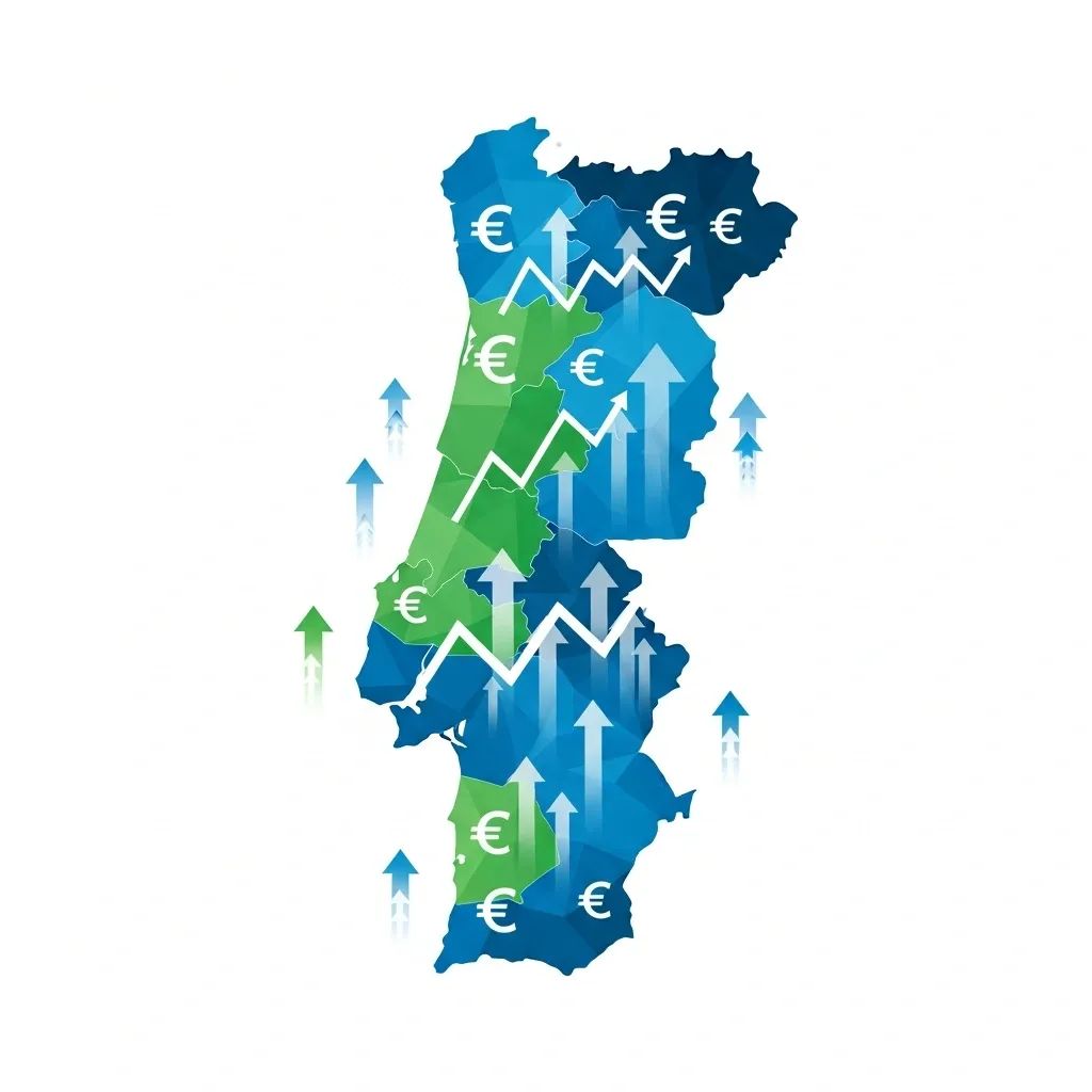 Map of Portugal with euro icons and arrows illustrating foreign investment inflows