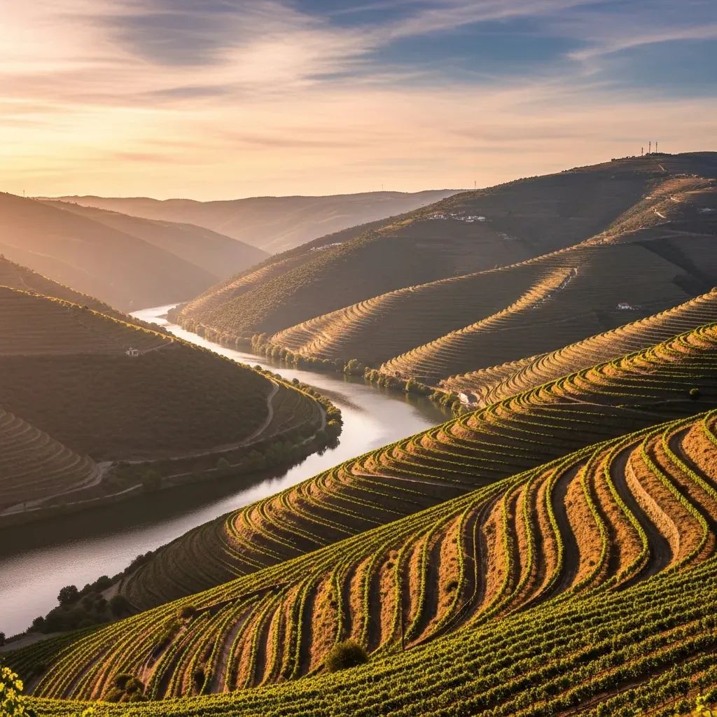 Panoramic view of Douro Valley terraces along the river at sunset in Northern Portugal
