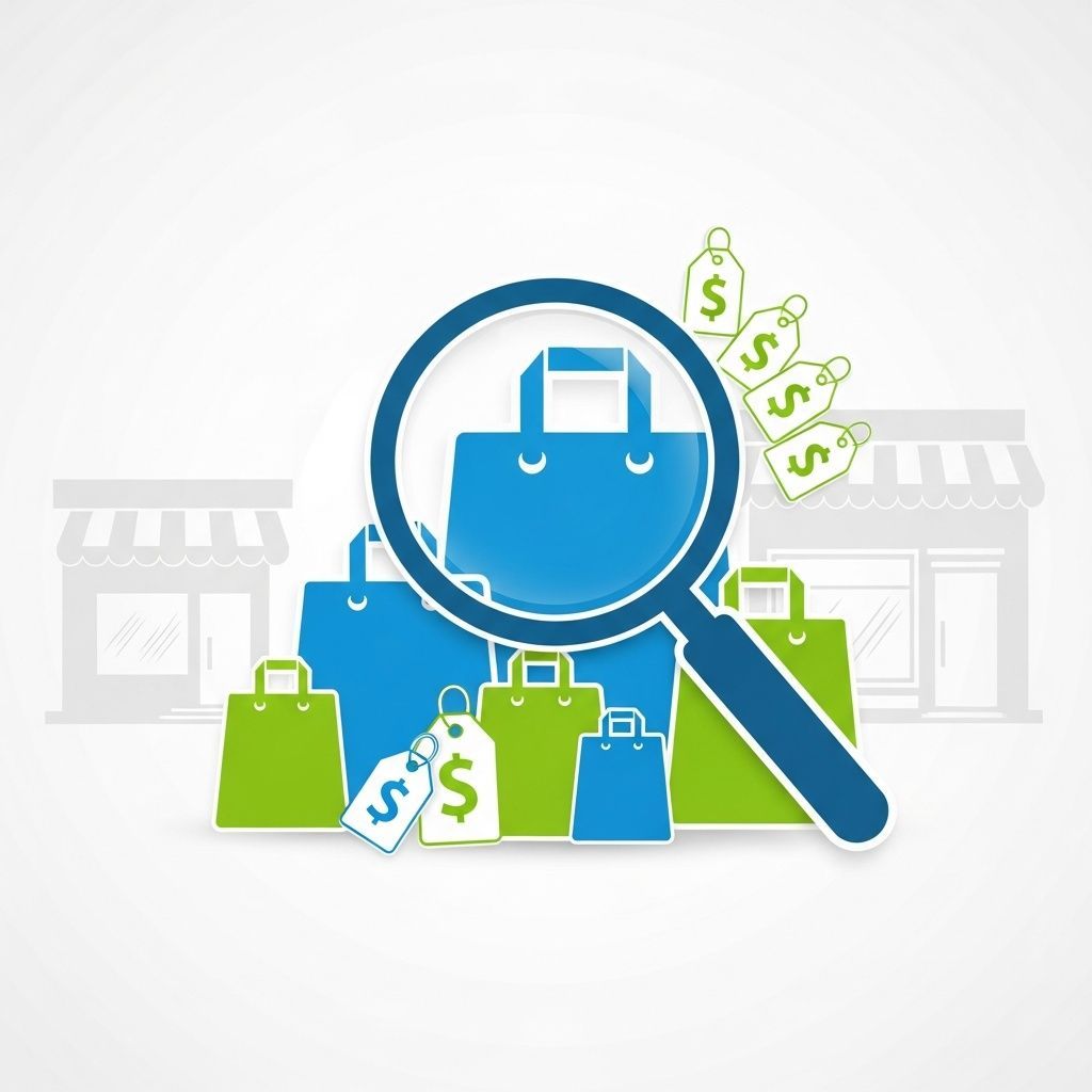 Infographic of magnifying glass inspecting price tags on shopping bags against a store silhouette