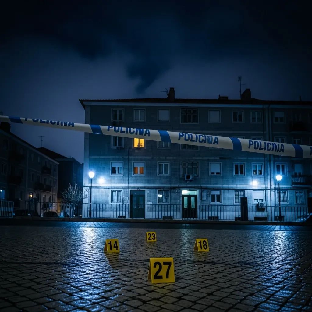Police tape and forensic evidence markers outside a Lisbon apartment block at night