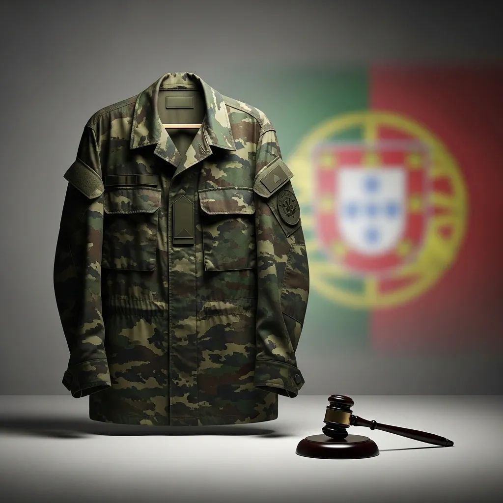 Camouflage military jacket hanging next to a judge’s gavel with subtle Portuguese color accents
