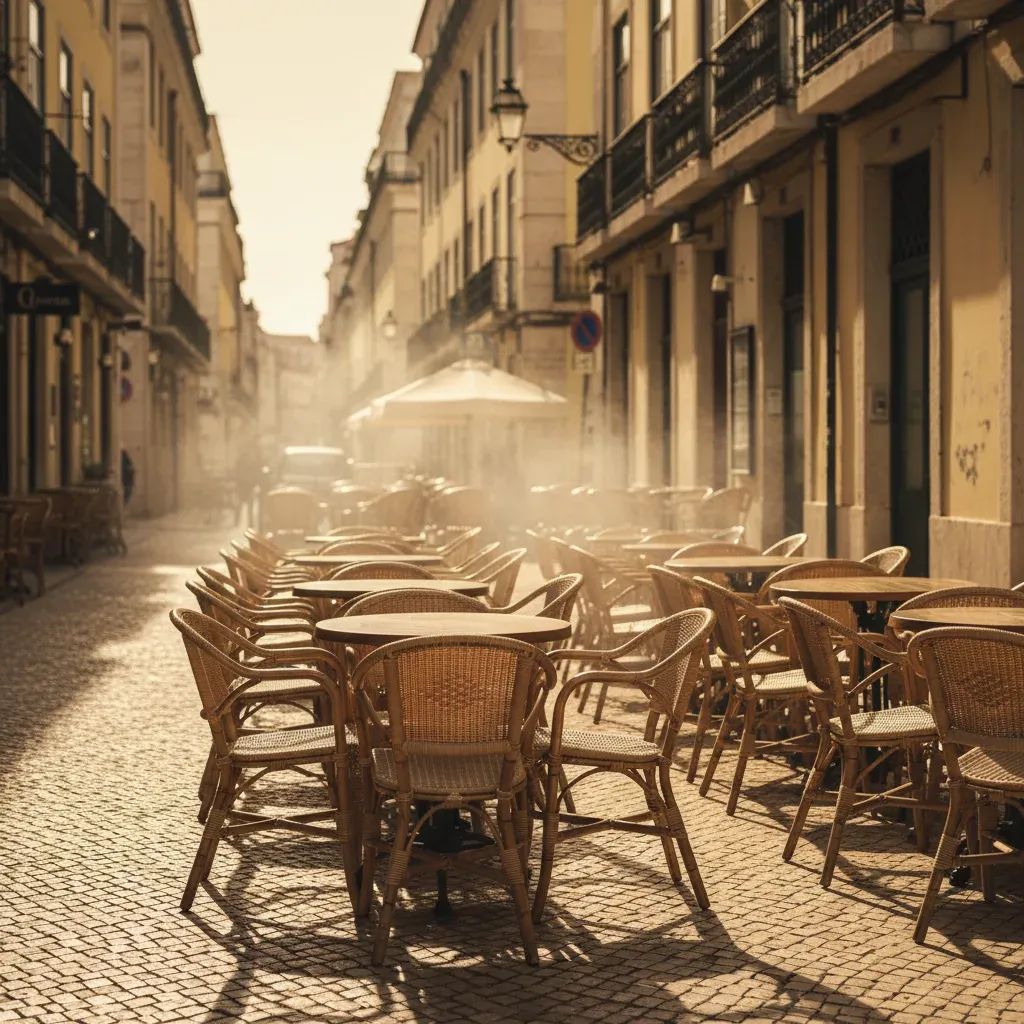 Empty Lisbon sidewalk café terrace with faint vapor cloud drifting near tables