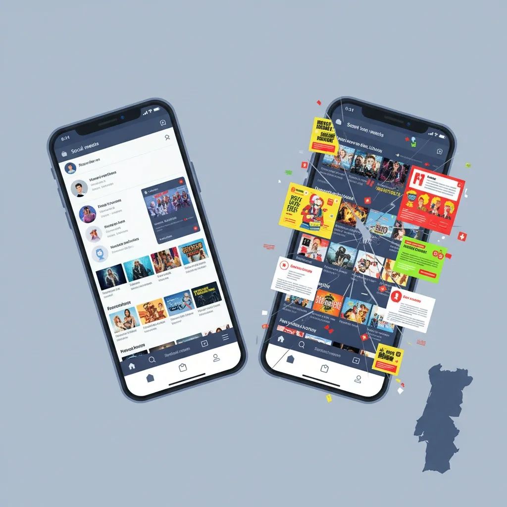Illustration showing digital service degradation: clean streaming apps versus cluttered versions with ads and missing features