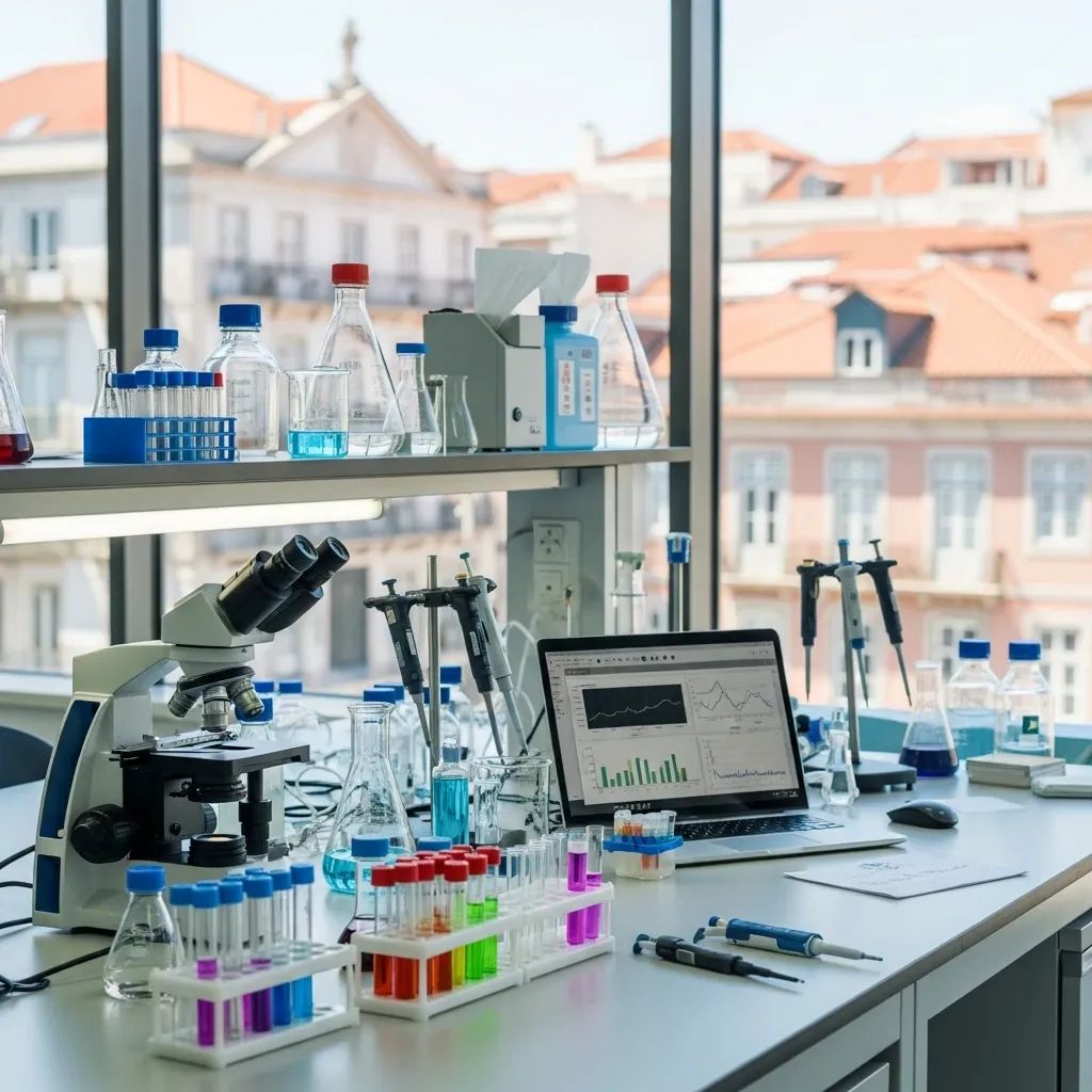 Modern laboratory bench with research equipment and laptop in Portuguese research institute