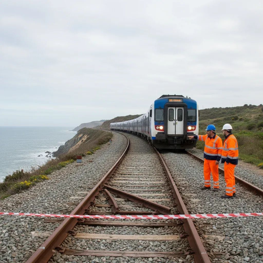 Damaged Portuguese railway track with maintenance crew inspecting and a stopped train in the distance