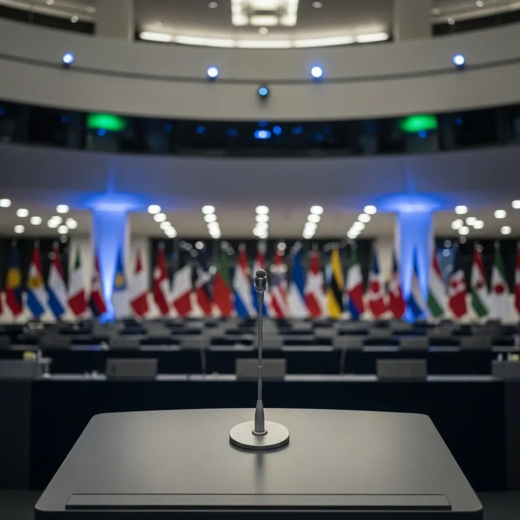 Podium with microphone in conference hall with international flags in the background