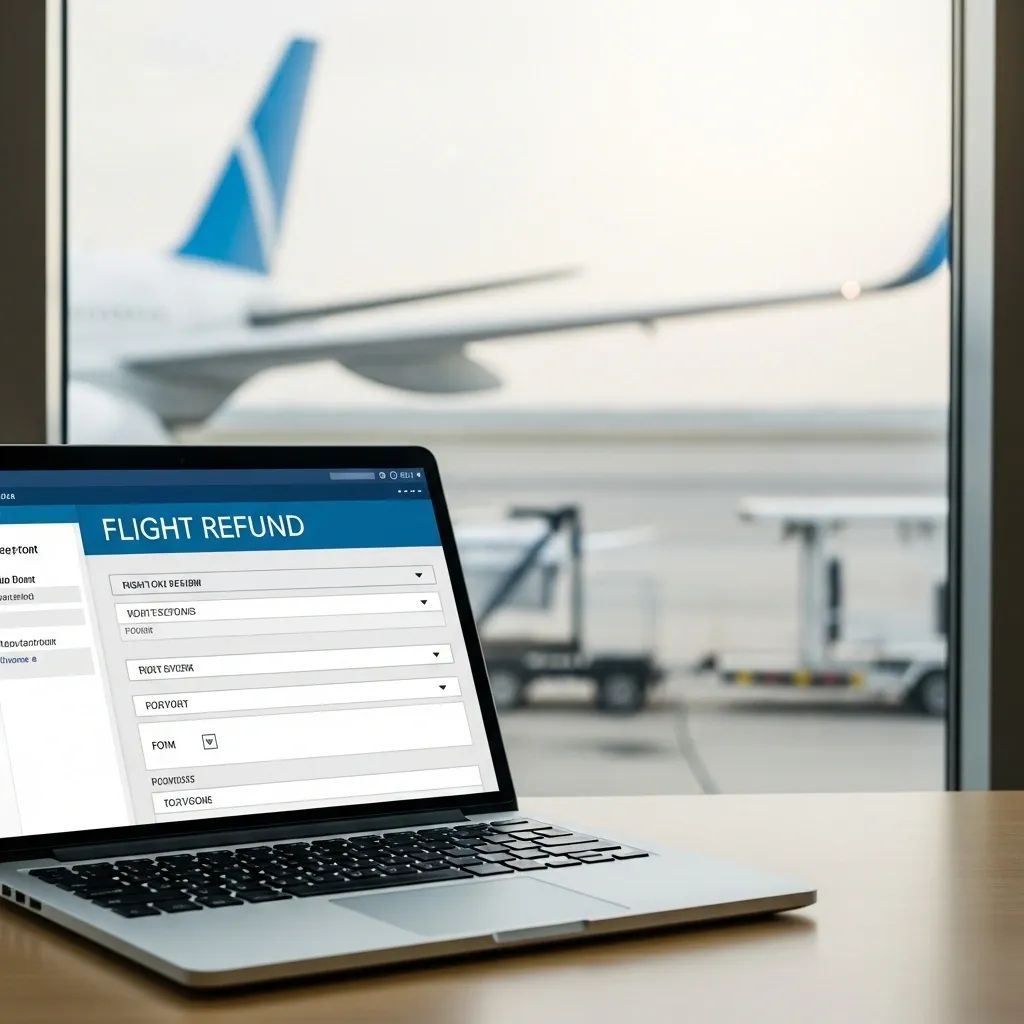 Laptop displaying a digital flight refund form with an airplane wing visible through a window