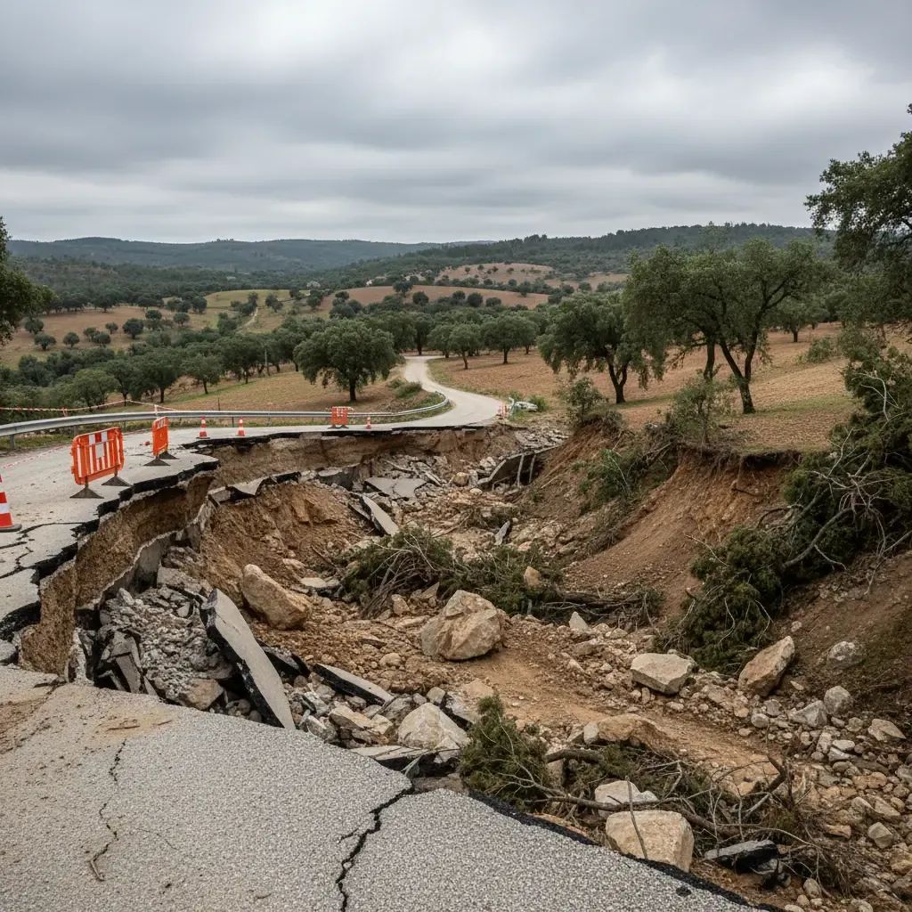 Collapsed EN8-2 national road in Lourinhã with landslide damage and safety barriers visible