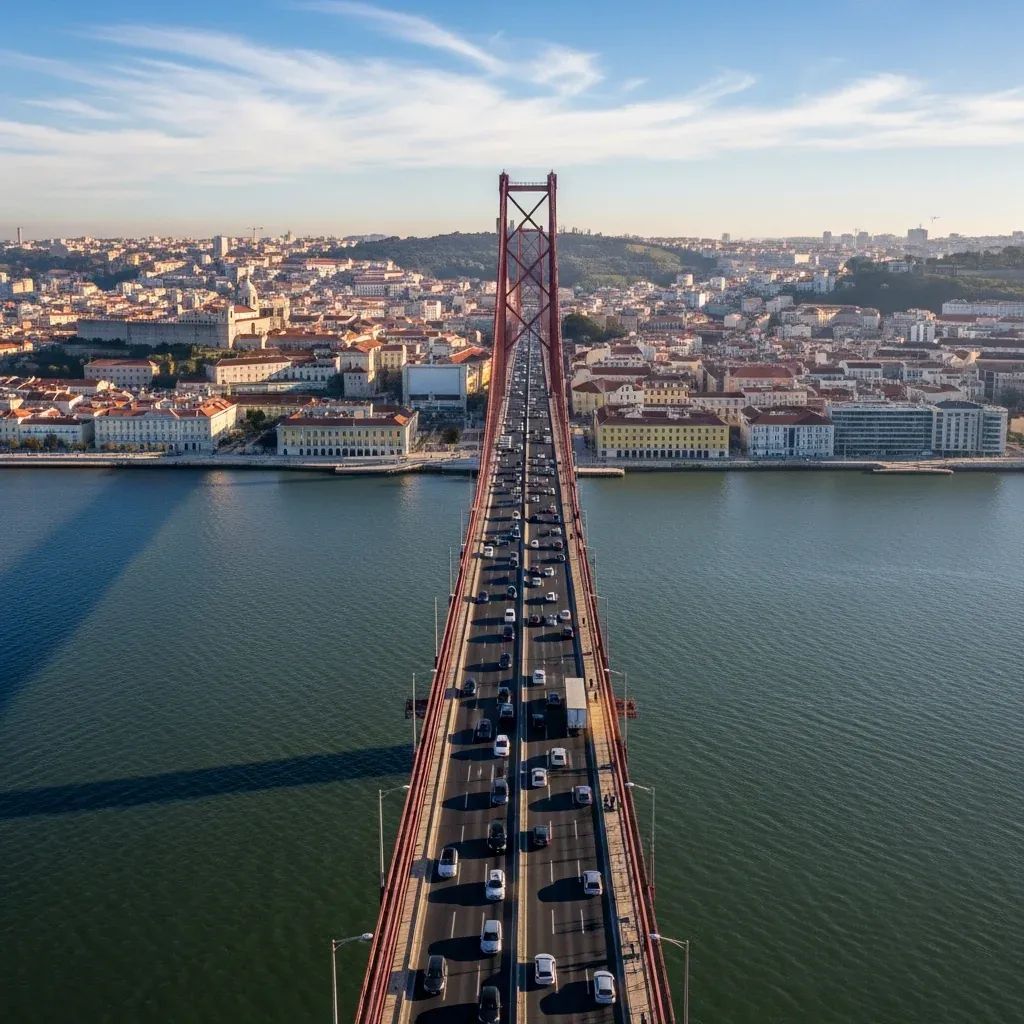 Aerial view of cars crossing Lisbon’s 25 de Abril Bridge over the Tagus River in morning light