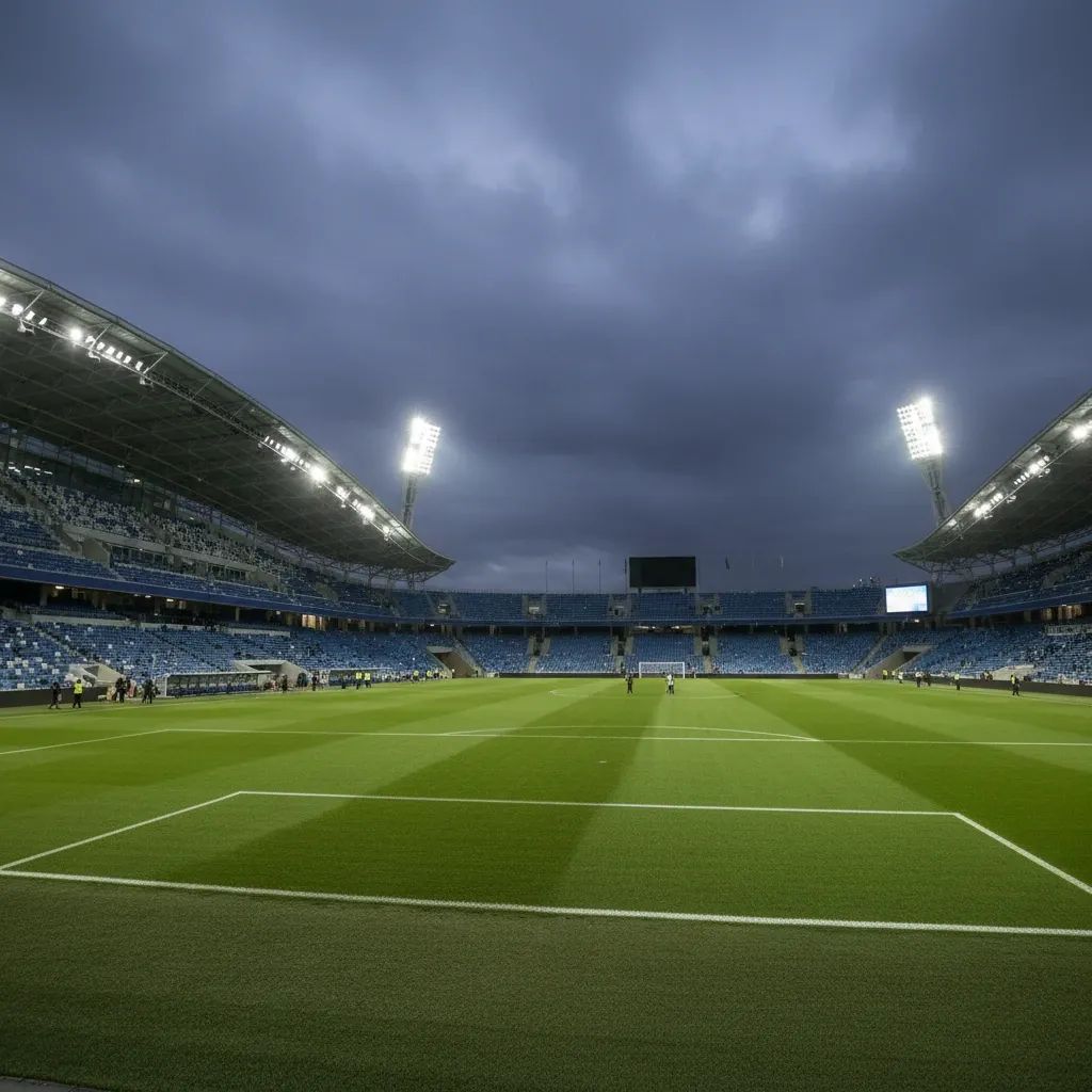 Wide-angle shot of near-empty Portuguese football stadium under floodlights, hinting at possible closed-door fines