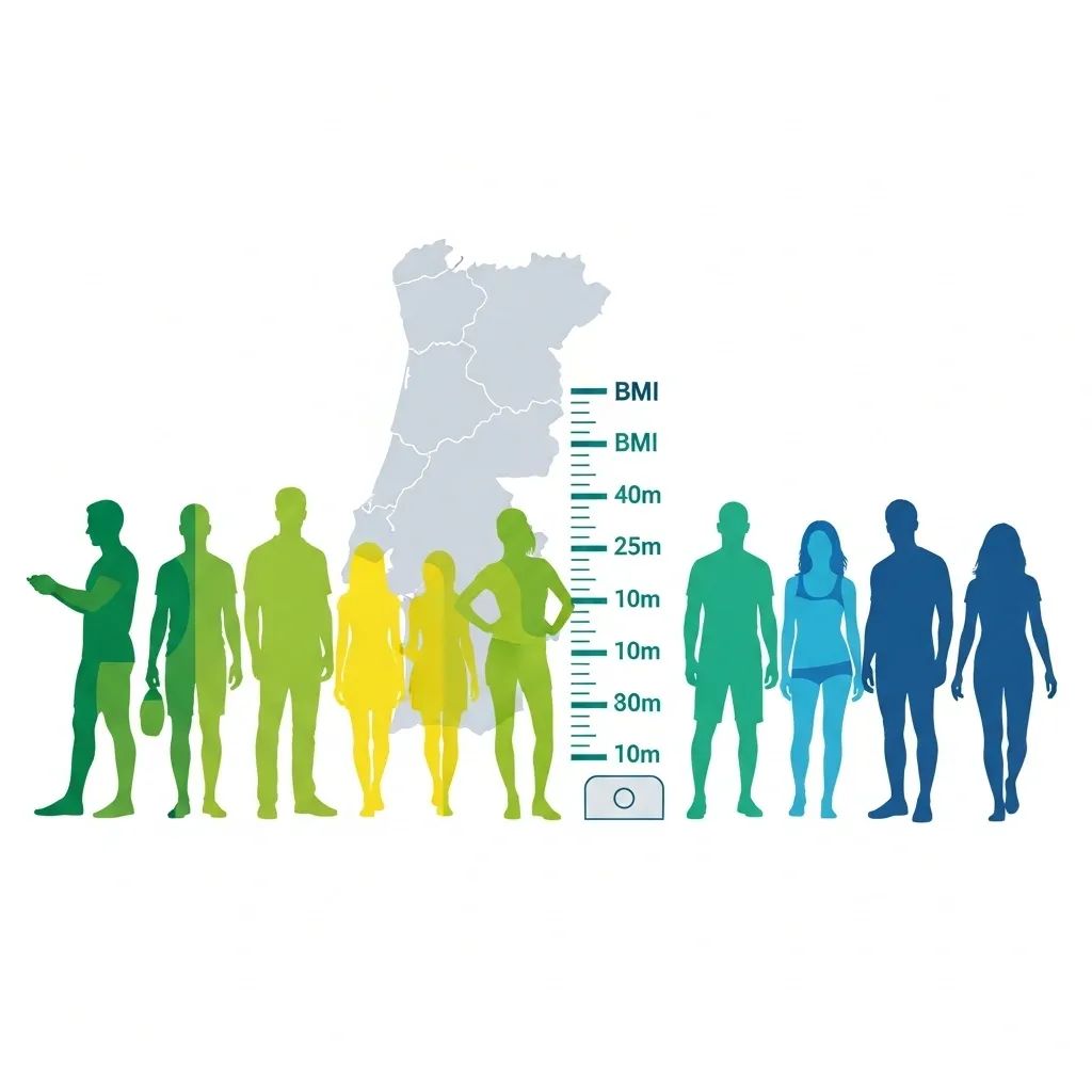 Silhouettes of diverse adults with BMI ranges and measuring tape illustrating obesity thresholds