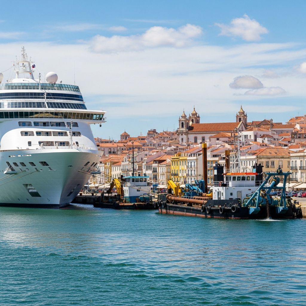 Cruise ship docking at Portimão harbour with quay and city skyline in background