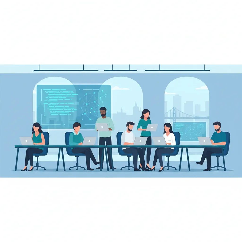 Illustration of professionals in a Lisbon tech office collaborating on AI code and cloud solutions