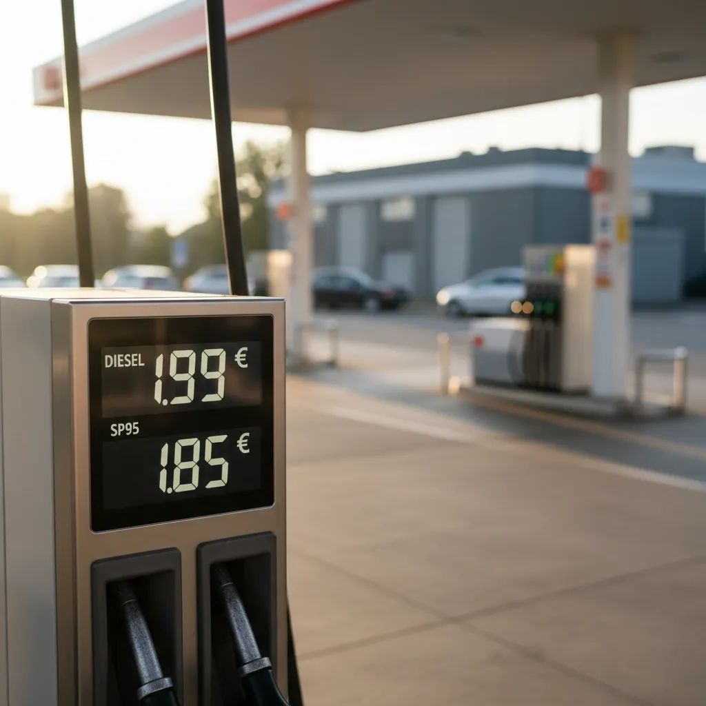 Fuel pump price display showing rising diesel and petrol costs at a Portuguese gas station