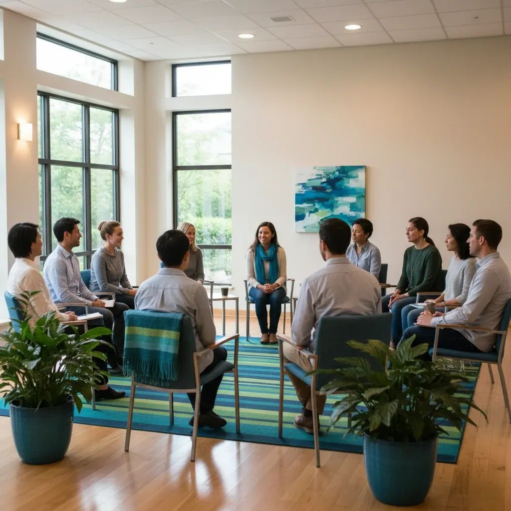 Support group meeting in modern community center with diverse participants