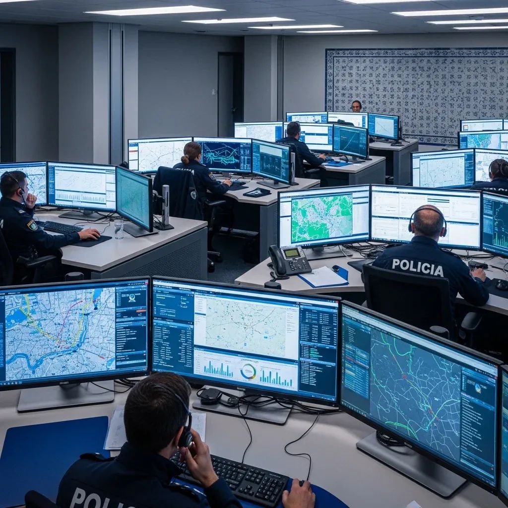 Police command center interior with screens showing digital maps and dashboards