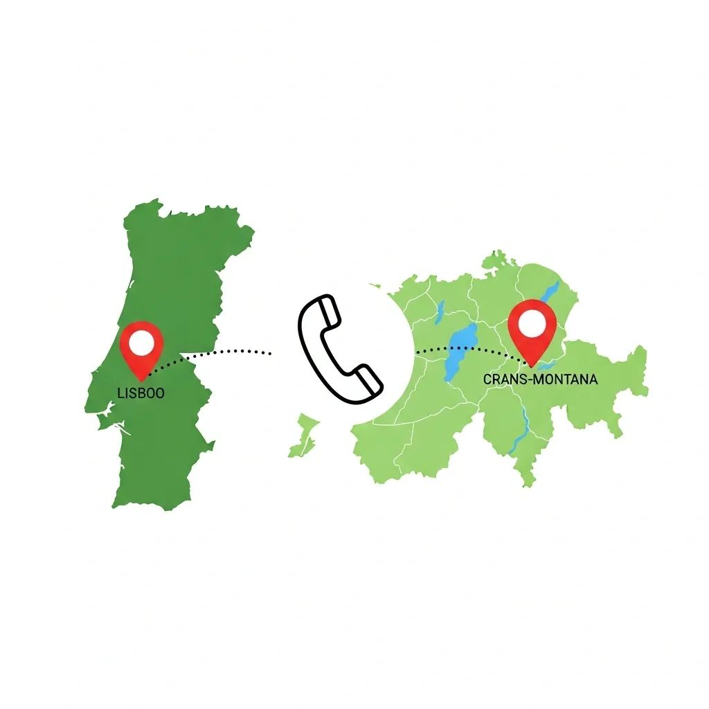 Map of Switzerland and Portugal connected by a hotline icon representing a crisis call service