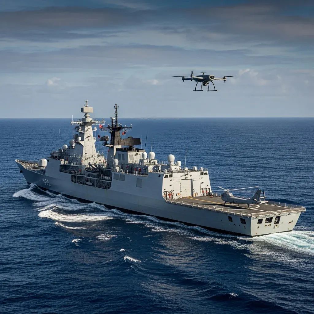 Portuguese multi-mission frigate at sea with military drone flying overhead
