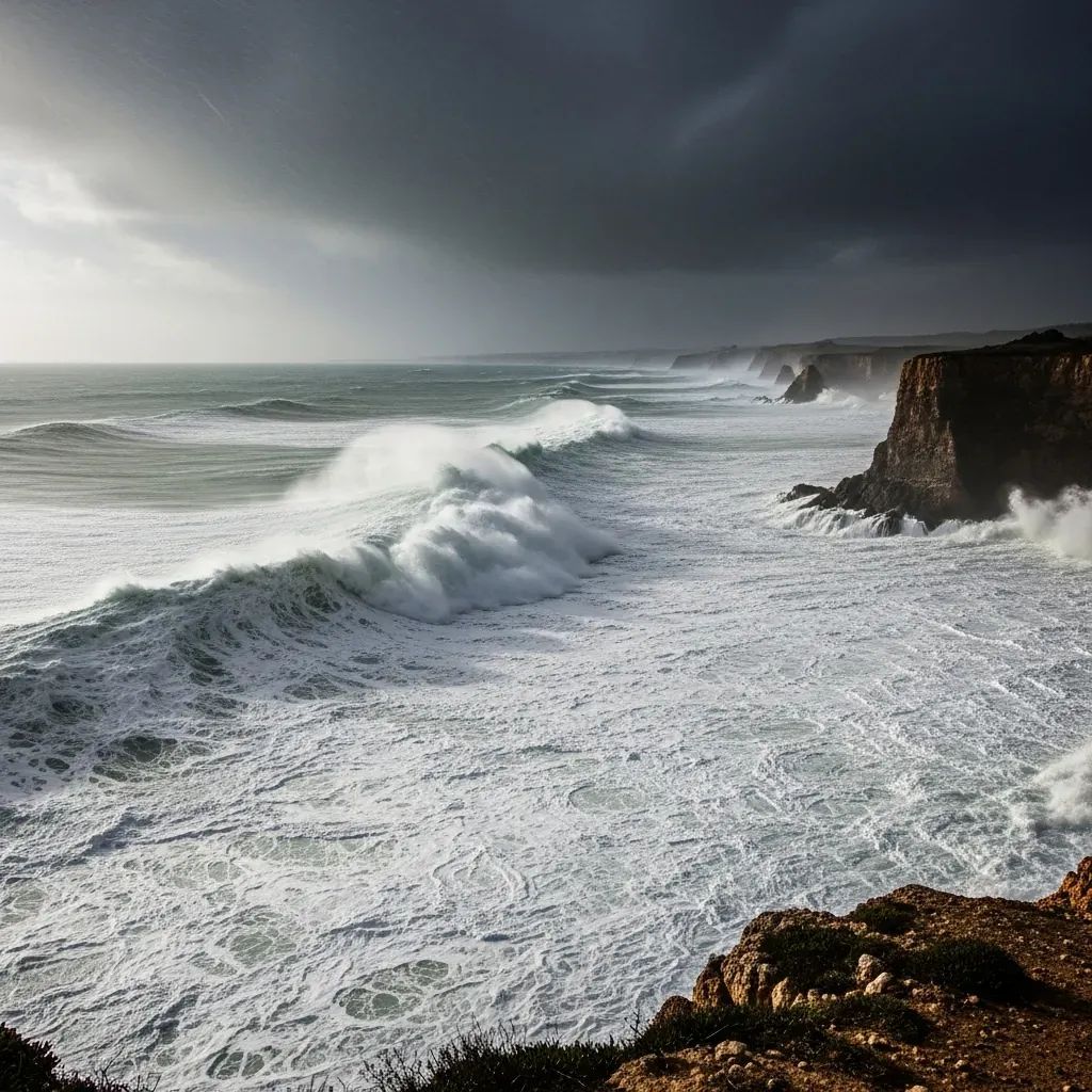 Rugged Portuguese coast with giant Atlantic waves crashing under stormy skies