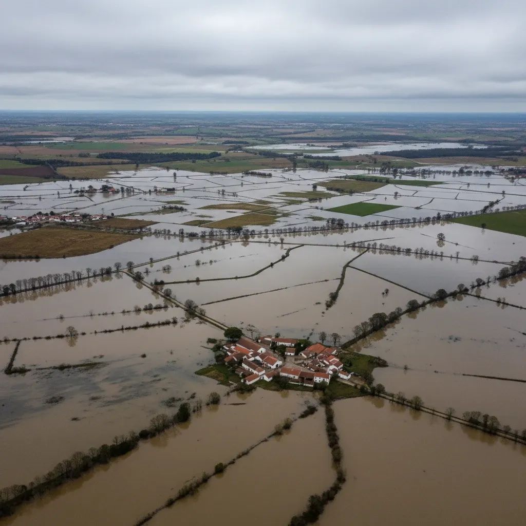 Aerial perspective of flooded Lis Valley fields in Leiria, Portugal, with crops fully submerged
