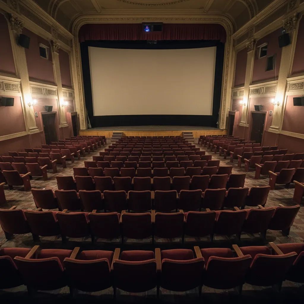 Empty cinema auditorium with rows of seats symbolizing theater closures across Portugal