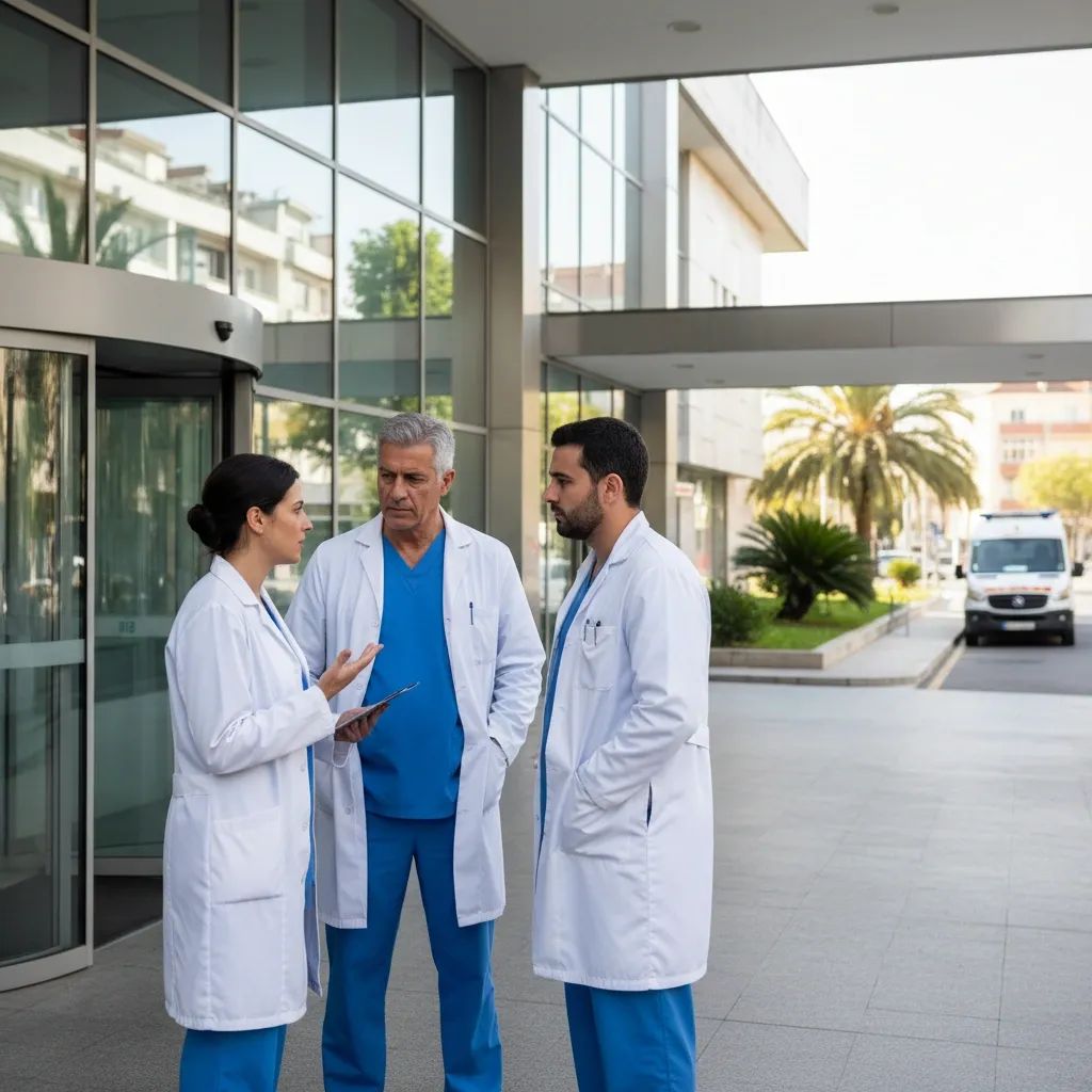 Medical professionals outside Portuguese hospital during healthcare labor dispute