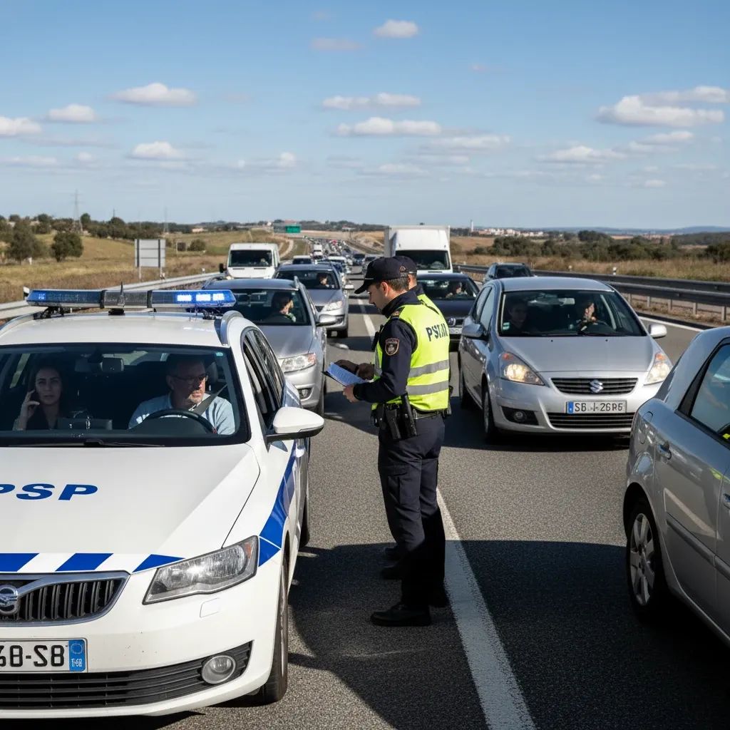 Police conducting roadside traffic enforcement on Portuguese highway during mobile phone driving safety campaign
