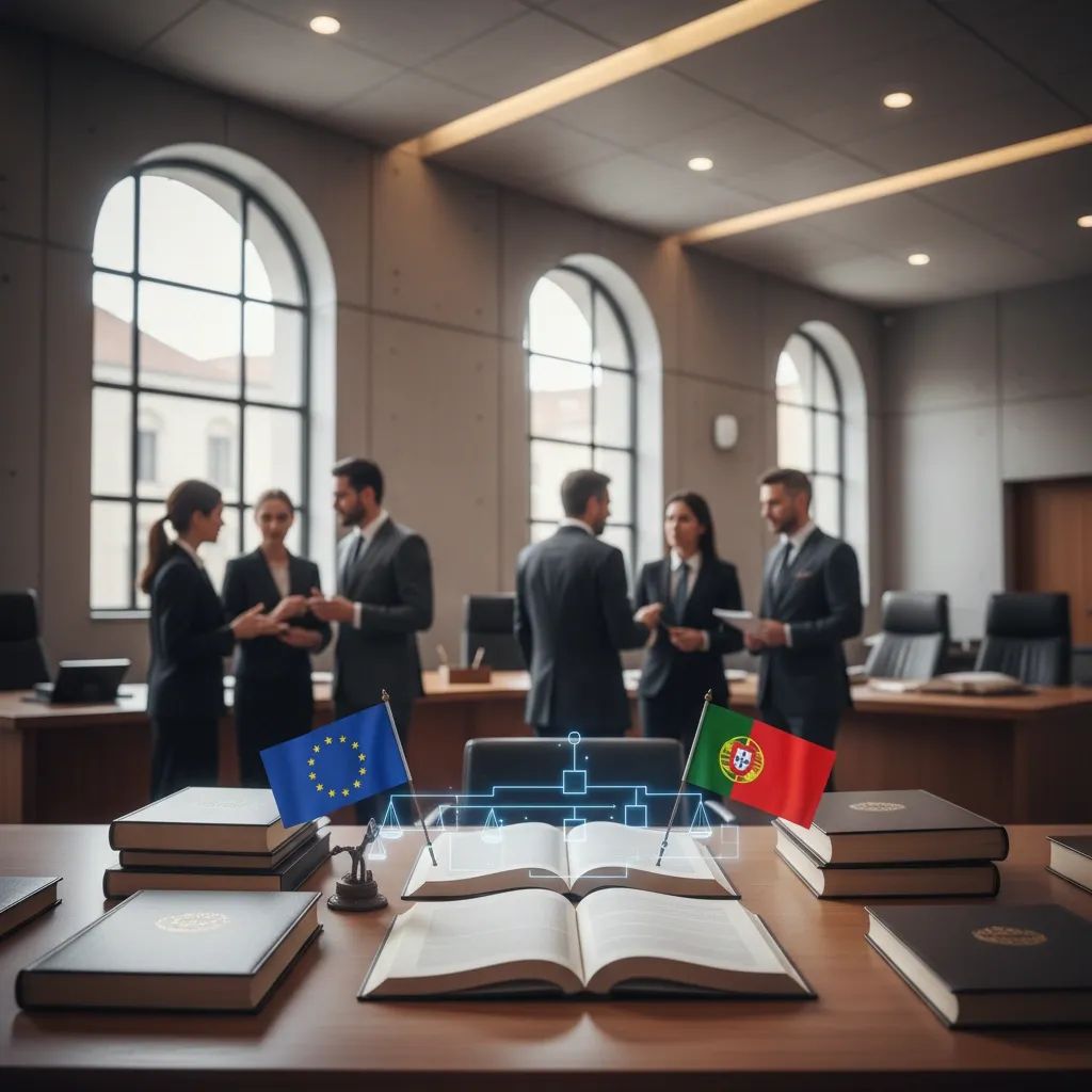 European Parliament legal framework documents with symbolic representation of justice and consent principles for Portugal