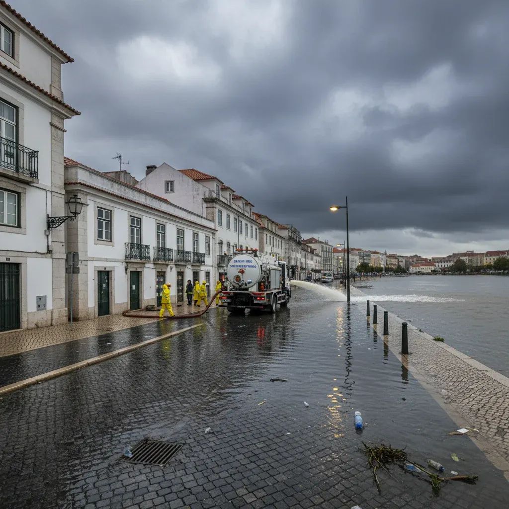 Emergency pump truck operating on a flooded Lisbon street under heavy stormy sky