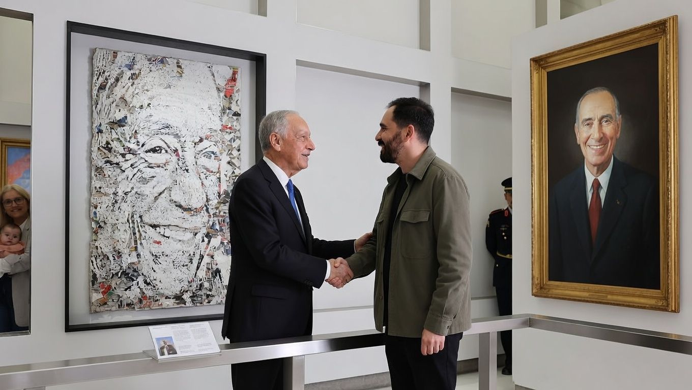 Visitors admire a Vhils-style street-art relief portrait of President Marcelo inside a Lisbon museum gallery