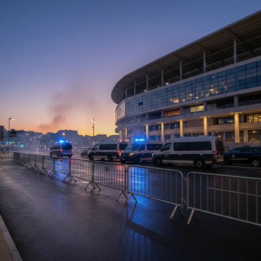 Riot police vans with flashing lights secure a Lisbon sports arena amid lingering smoke after fan clash