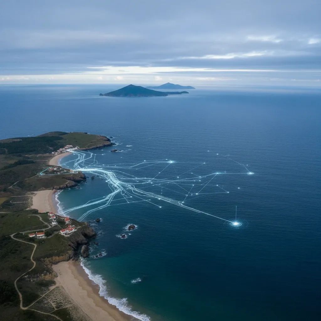 Aerial view of Portuguese Atlantic coastline with submarine cable infrastructure visualization connecting mainland to Azores islands