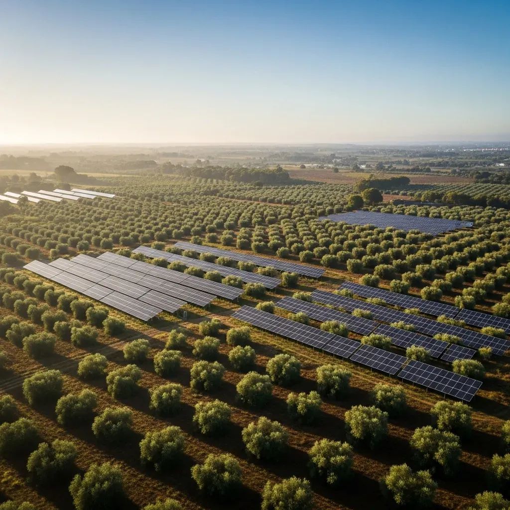 Aerial view of Portuguese olive groves with solar panels, illustrating EU-funded sustainable agriculture