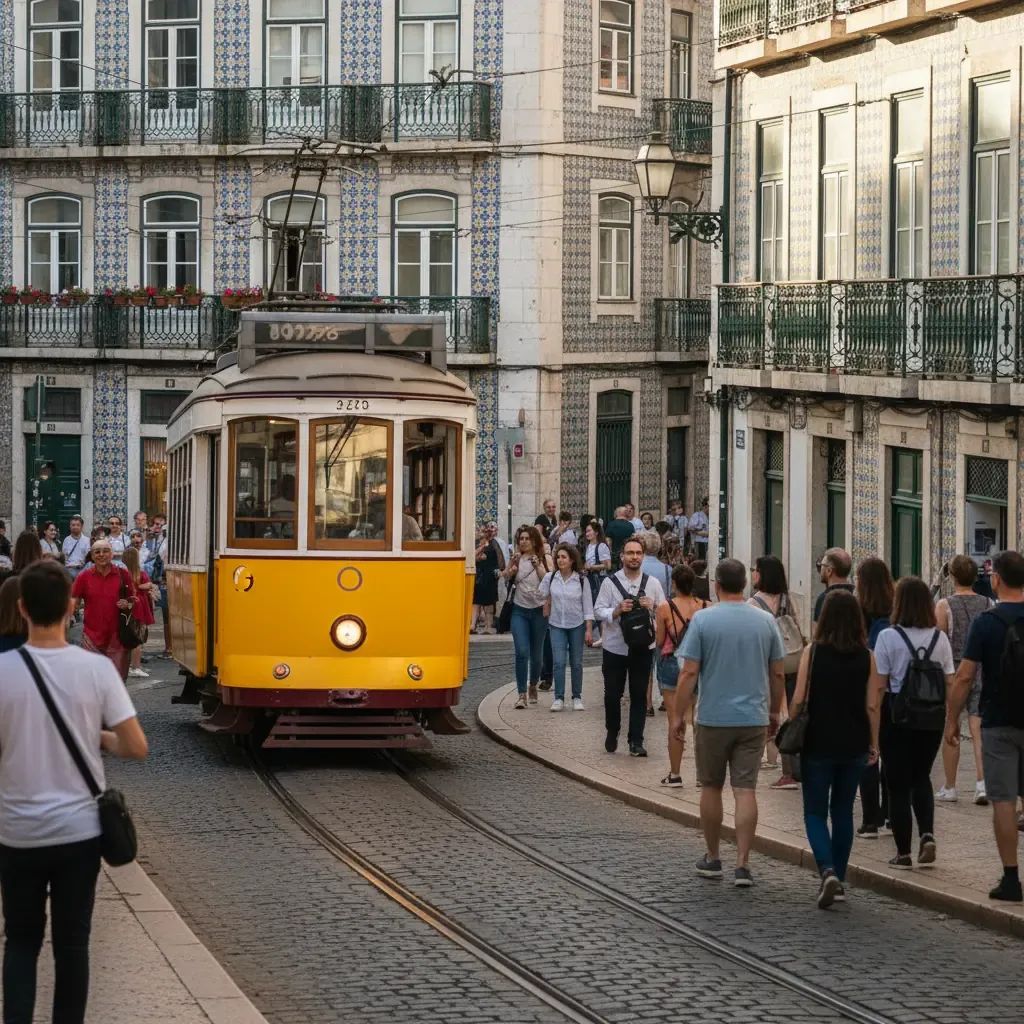 Lisbon’s iconic yellow tram passing through a busy tourist street on a sunny day