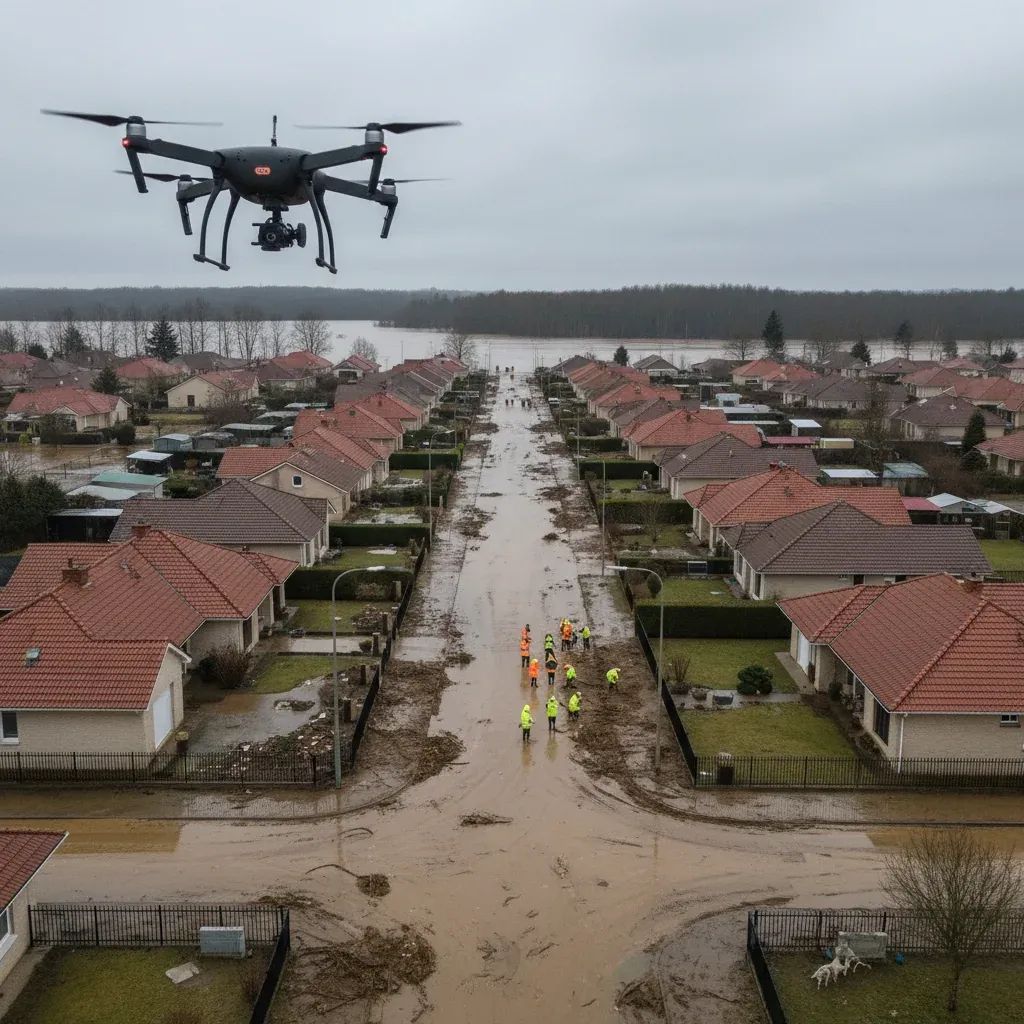 Drone flying over flood-damaged neighbourhood with volunteers cleaning muddy streets in Leiria