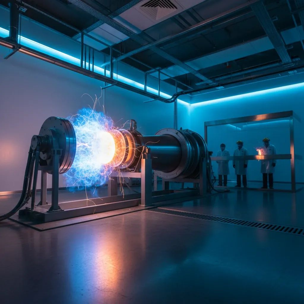High-tech laboratory shock tube emitting bright plasma glow with technicians observing in the background