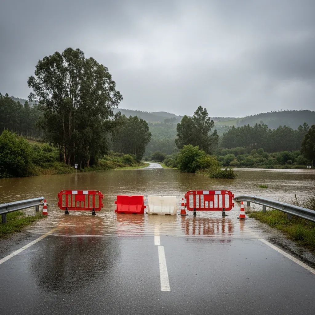 Red-and-white barricades block a waterlogged rural road in Portugal after severe winter storms